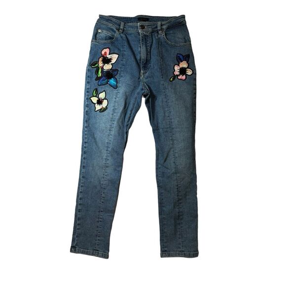 ESCADA Embroidered Jeans‎ Pink Floral on Bright Blue Denim Size 36 - Picture 1 of 9
